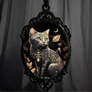 Cat lovers! Vibrant light colored cat Portrait under glass~ leather rope.